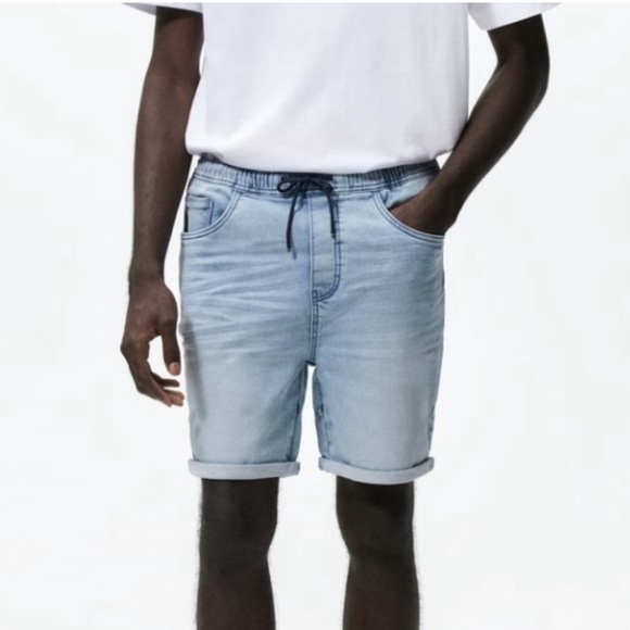 Zara Men’s Soft Denim Light Blue Wash Drawstring Shorts - Picture 2 of 8